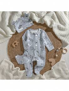 Loomiva Newborn Baby Girl 3-Piece Set: Cartoon Elephant Print Knit Soft Crew Neck Long Sleeve Jumpsuit And Hat - Multicolor - View 1