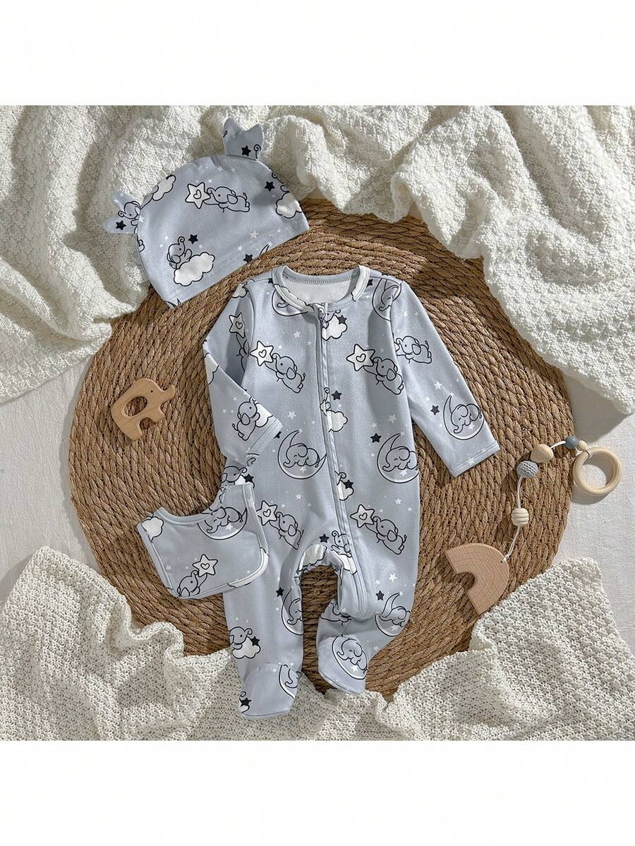 Loomiva Newborn Baby Girl 3-Piece Set: Cartoon Elephant Print Knit Soft Crew Neck Long Sleeve Jumpsuit And Hat - Multicolor - View 1