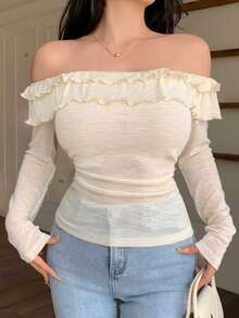 Modelyn Off-Shoulder Frill Trim Long Sleeve Fitted Blouse For Women - Apricot - View 5