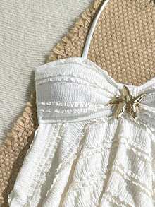 SHEIN 少女纹理针织杏色吊带背心式泳衣套装