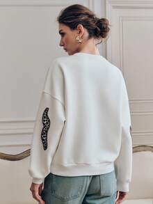 Anewsta Women's Modern Street Style Energetic Leopard Print Beaded Crew Neck Pullover Sweatshirt, Spring - Apricot - View 3