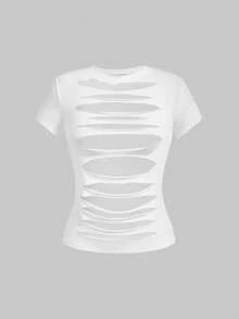 ROMWE Avant Women's Y2K Baddie Sexy Ripped Hollow Out All-Match Crew Neck Short Sleeve T-Shirt - White - View 1