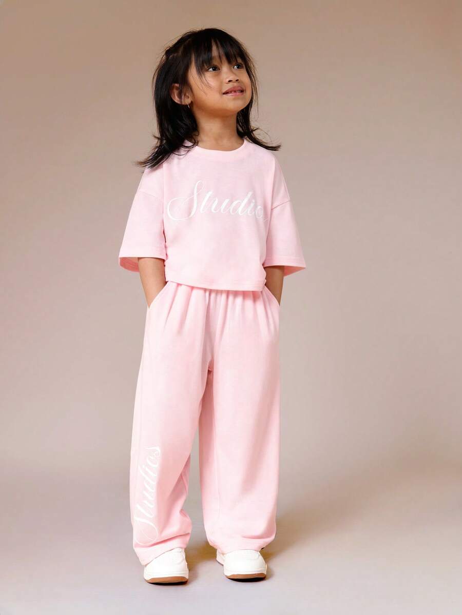 SUMWON Girls Oversized Scripted Graphic T-Shirt And Wide Leg Trouser Casual Co-Ord Set With Short Sleeves Vacation - Pink - View 1
