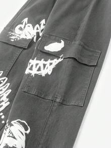 Tween Boy Button Fly Casual Jeans With Letter & Smiling Face Graphic, Versatile For Daily Wear - Light Grey - View 6