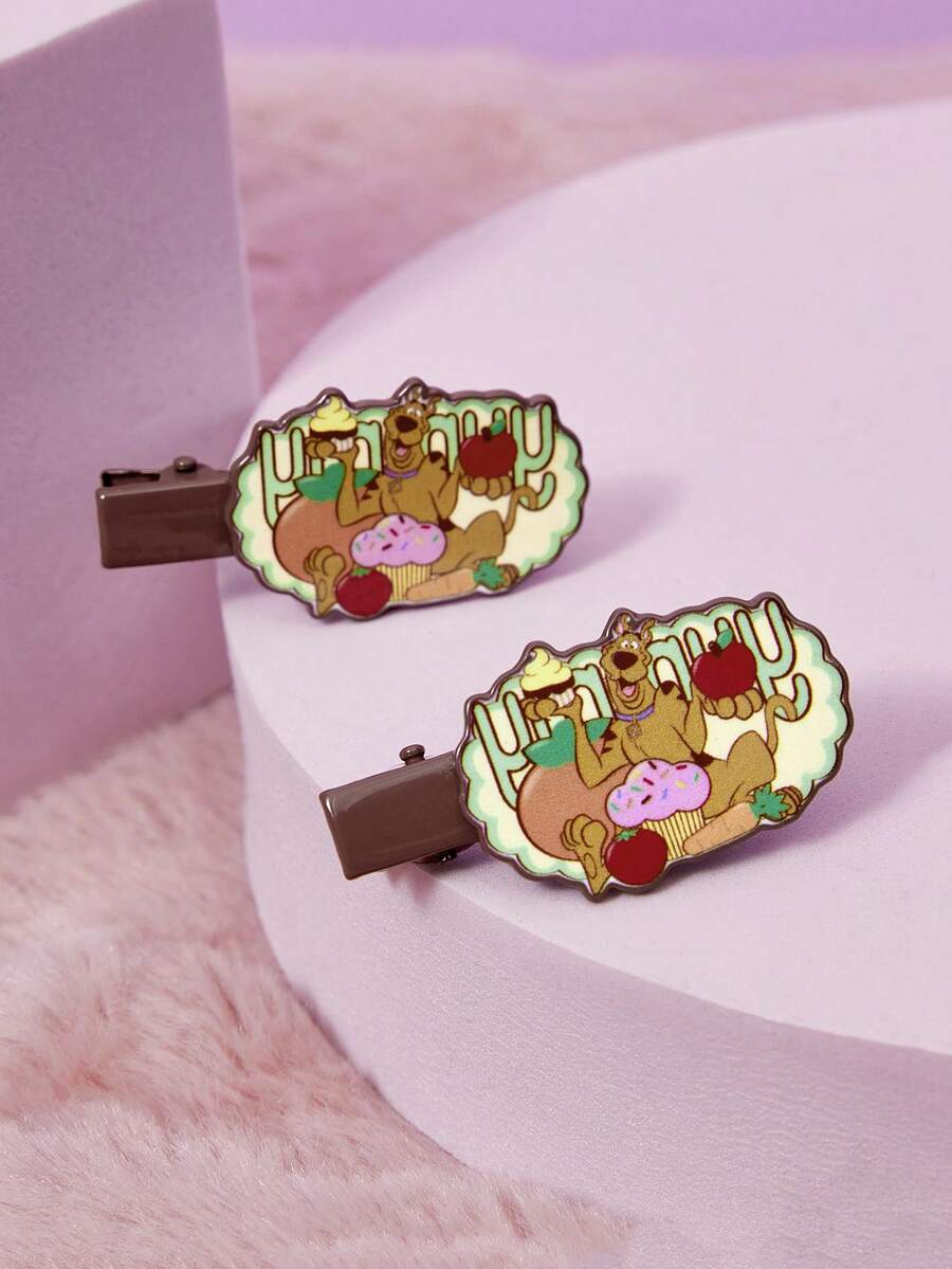SCOOBY-DOO X SHEIN A Pair Of Cute Brown Oval Hairpins - Green - View 1