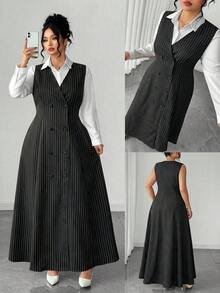 Elenzga Đầm maxi không tay hai hàng cúc kẻ sọc đen trắng cỡ lớn dành cho nữ, đầm dạ hội cổ chữ V, đầm dạ hội dài, đầm kẻ sọc dành cho nữ. - màu đen - Xem 4