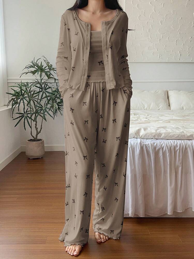 3pcs Bow Print Allover Allover Print Cardigan, Camisole & Pants Women Pajama Set, Autumn