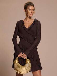 SHEIN BAE Robe d'automne simple pour femmes avec nœud, volants à l'ourlet - Marron - Voir 4