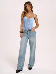 SHEIN BAE Women's Contrast Lace Sexy Spaghetti Strap Bodysuit - Baby Blue - View 4