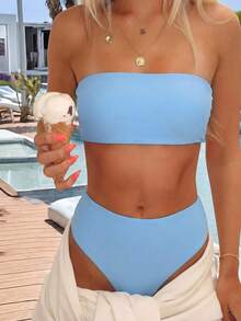 SHEIN Swim 2026 Special Fabric Spring/Summer Women's Halter Backless Tie Vacation Light Blue Side High Cut 2-Piece Bikini Swimsuit - Baby Blue - View 1