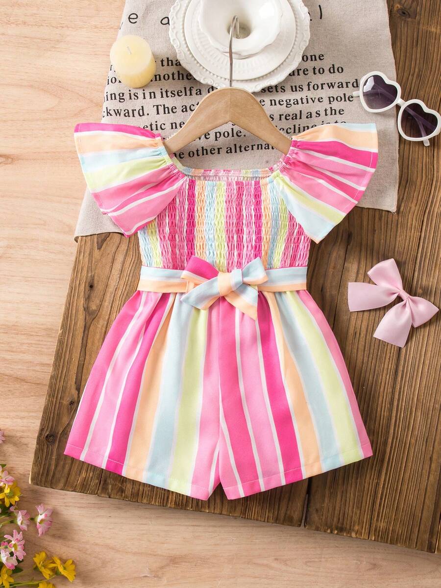 SHEIN Newborn Baby Girl Vacation Casual Pink Striped Short Sleeve Romper With Belt - Multicolor - View 1