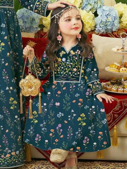 SHEIN Blommig V-ringad långärmad lös, avslappnad minimalistisk klänning för babyflicka