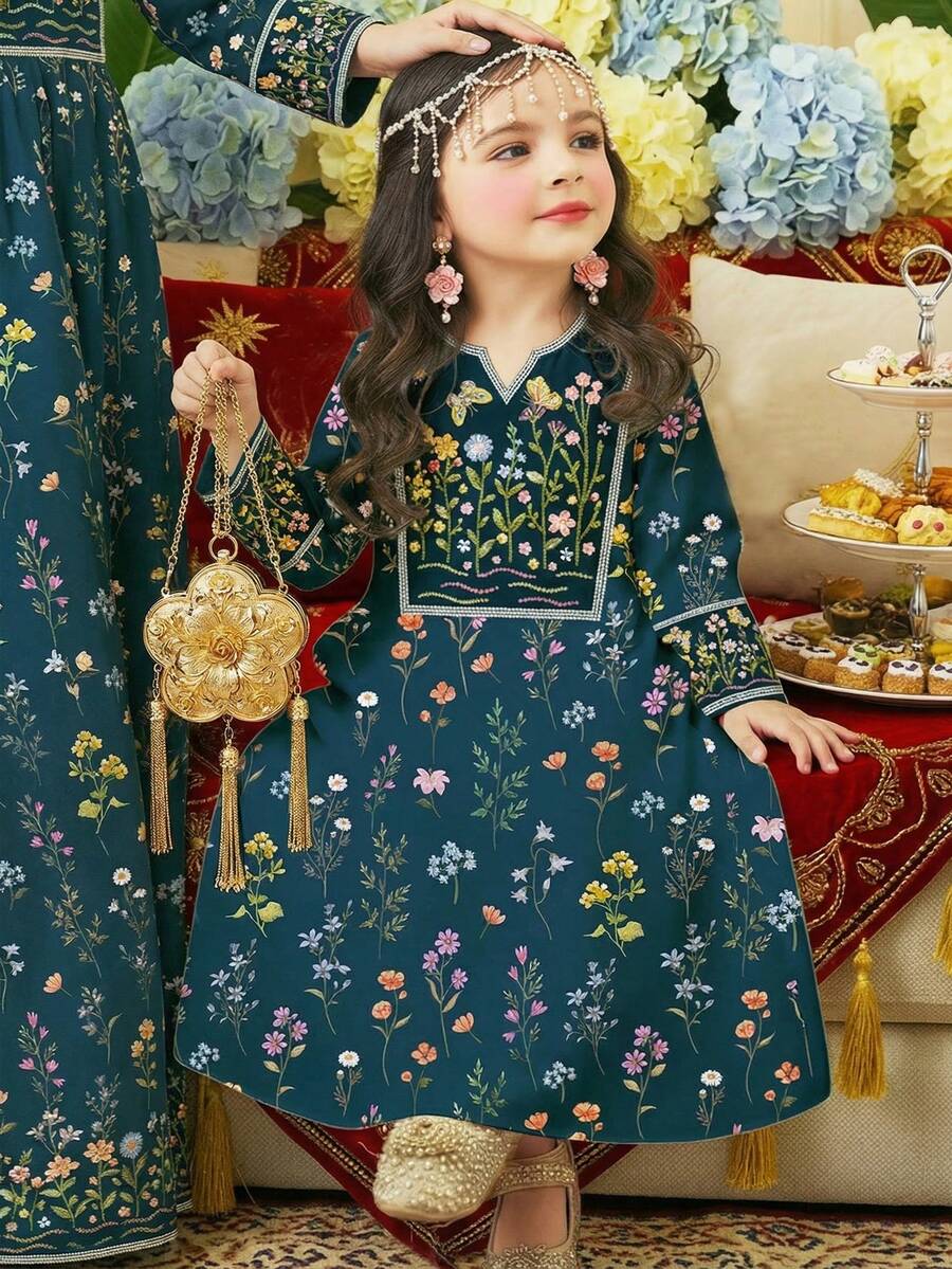 SHEIN Baby Girl Floral Print V-Neck Long Sleeve Loose Casual Minimalist Dress - Multicolor - View 1