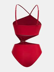 Maija Women's Solid Color Ruched Metal Decor Connecting Design Casual Vacation One-Piece Swimsuit Red Swimming,Summer Vacation - Burgundy - View 6
