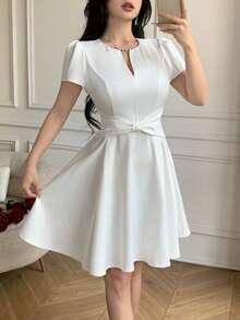 Celisse Elegant French Style Waist Cinching Bow Design Women Dress - White - View 4