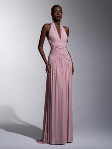 Elitara Elegant, , Fashionable Orange Elastic Mesh Halter Neck Ruched Decor A-Line Dress, Graceful Party Wedding Guest & Bridesmaid - Watermelon Pink - View 5