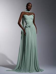 Elitara Elegantes, romantisches, modisches mintgrünes elastisches Mesh-Stoff trägerloses gerafftes dekoratives handgemachtes 3D-Blumen-Halter-Dekor mit großer A-Linie Silhouette, elegantes Partykleid, Hochzeitsgast-Kleid, mintgrünes Kleid, modisches elegantes Abendkleid, Brautjungfernkleid, formelles Abendkleid - Grün - Übersicht 6