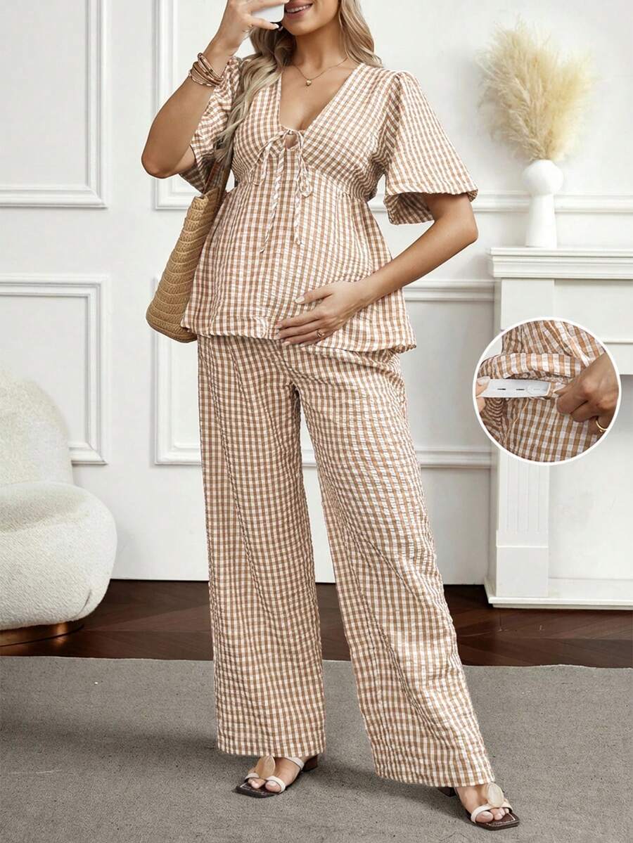 SHEIN 2pcs Set: Lace-Up Plaid Blouse & Wide Leg Pants - Khaki - View 1