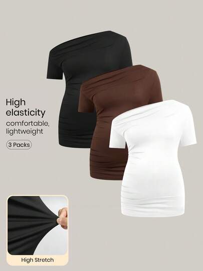 Modmama Solid Color Slim Fit Maternity Asymmetrical Shoulder T-Shirt, Multi-Pack