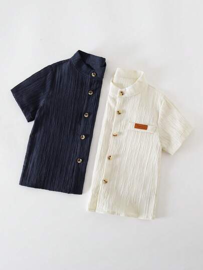 SHEIN 男童贴花前扣休闲短袖衬衫