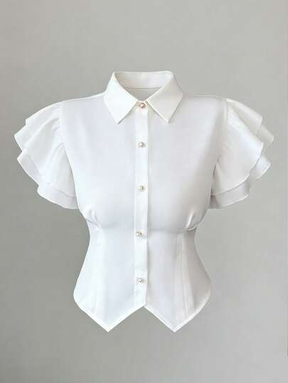 Elenzga New Elegant Design Cropped Waist-Cinched Shirt, Ruffled Sleeve Design, Sheer Accent, Classic Solid Color, Young Professional Women Blouse