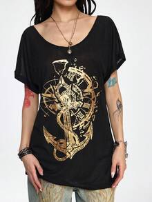 ROMWE Grunge Punk 女士休闲暗黑浪漫朋克海盗船锚字母印花超大圆领蝙蝠袖短袖T恤，夏季 - 黑色 - 查看 8