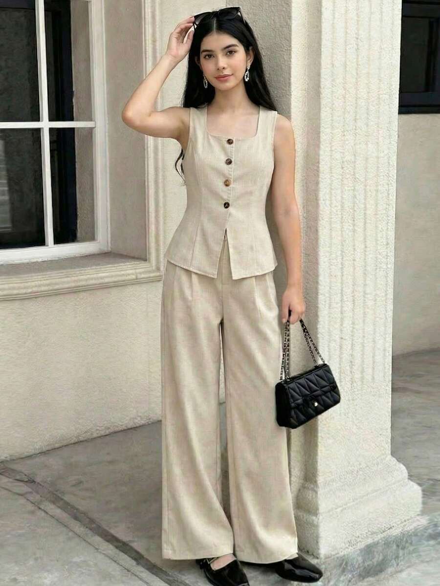 SHEIN Teen Girls' Apricot Striped Sleeveless Shirt Vest And Wide Leg Pants 2-Piece Set, Elegant Casual Outfit For Spring/Summer - Apricot - View 1