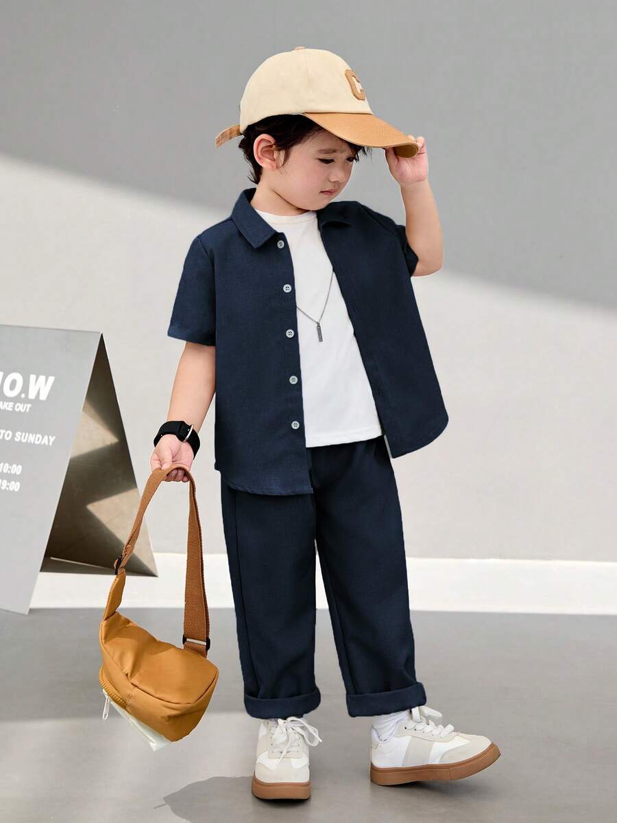 SHEIN Little Byeori 两件套男童纯色 Polo 领开衫短袖上衣和修身裤 - 藏蓝色 - 查看 1