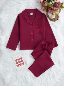 两件套女童休闲爱心刺绣长袖开衫和裤子套装，舒适宽松家居服 - 彩色 - 查看 3