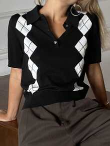 Livesso Spring & Summer Argyle Color Block Loose Fit Casual Business Office Polo Shirt Pullover Knit Top For Women - Black - View 6