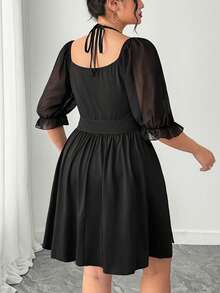 SHEIN Elenzya 大码女装春夏新款修身优雅复古褶皱腰身时尚方领褶裥喇叭连体裤，适合约会、音乐节、度假、日常穿着，朋克风 - 黑色 - 查看 4