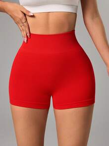 Easithlete 女士纯色弹力腰带休闲健身短裤 - 紅色 - 查看 4