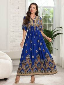 Lacomfia Đầm dự tiệc dài thanh lịch dành cho nữ, cổ chữ V, in hoa, thắt eo. - Màu xanh lam - Xem 5