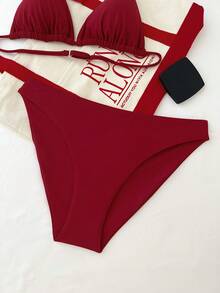 少女三件套纯红色休闲沙滩度假针织比基尼套装，夏季沙滩鞭形露背吊带三角比基尼套装，夏季沙滩泳装