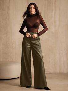 Anewsta Women's PU Leather High Waist Wide Leg Pants, Casual Business Wear, New European And American Style, Suitable For Halloween, Autumn/Winter - Army Green - View 3