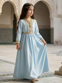 SHEIN Gaun Anak Perempuan Lengan Panjang Gaya Timur Tengah, Biru Muda, Musim Gugur, Elegan, Modis, Bergaya, Nyaman, Santai, untuk Pesta di Luar Ruangan - Baby Blue - View 1