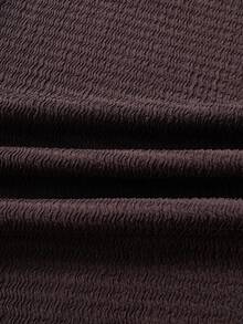 SHEIN Tween Girl Solid Brown Textured Knit Side Ruched Short Sleeve Fitted T-Shirt And Wide Leg Pants Casual 2-Piece Set - Brown - View 7