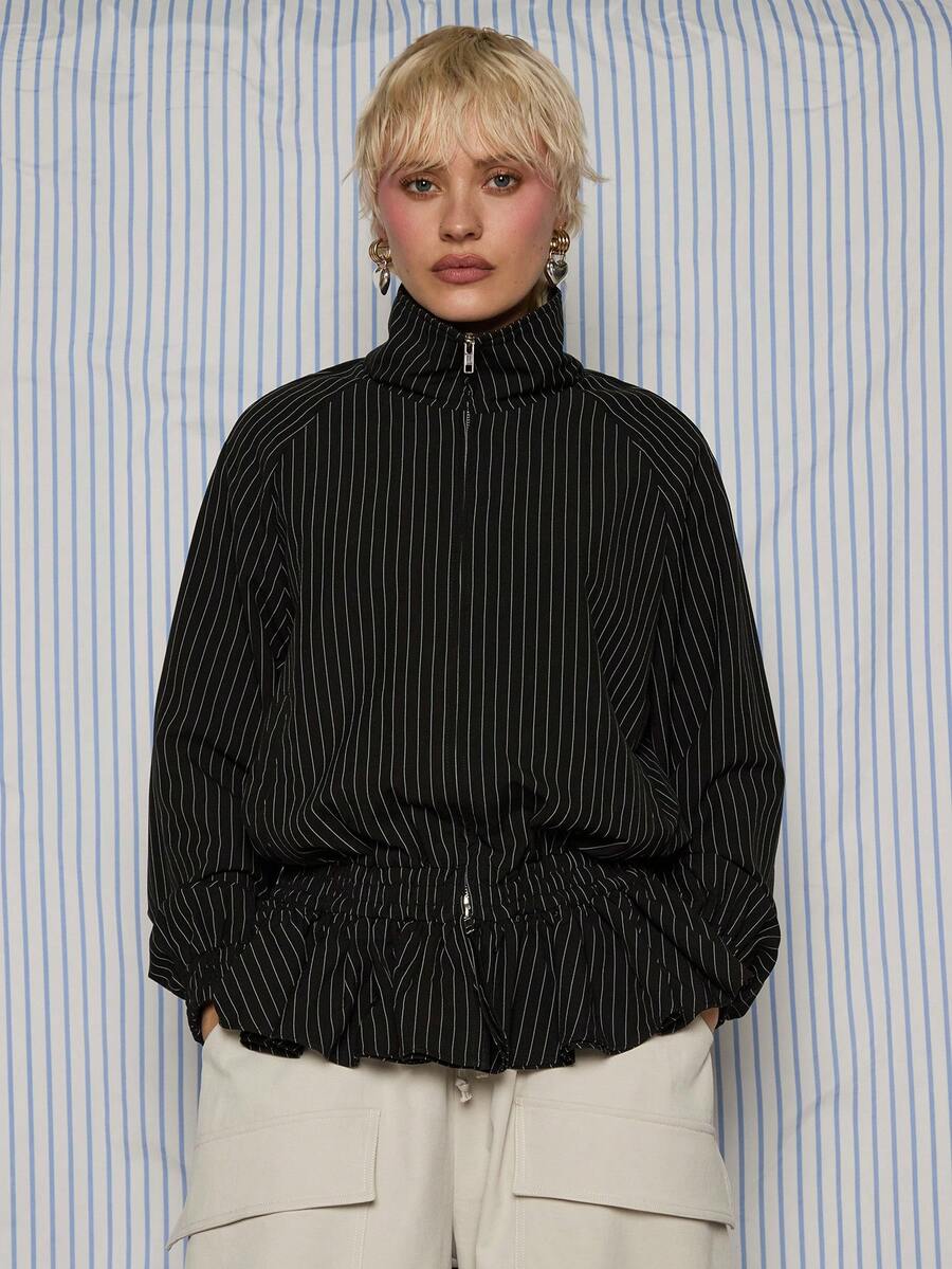 COUREZ Pinstripe Lightweigth Track Jacket /Y2K Spring Clothes For Women Sexy Stylish Going Out Outfits Black Jackets For Women Birthday Outfits Date Night Valentines Day - Black - View 1