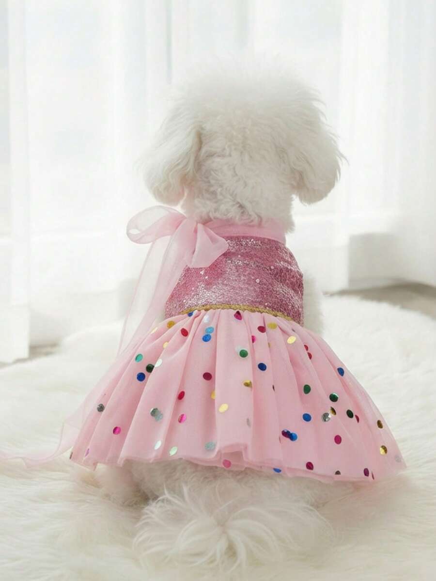 PETSIN Váy công chúa sequin hồng, trang phục thú cưng bằng vải tuyn chấm bi nhiều màu - Hồng - Xem 1