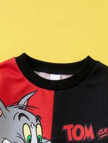 TOM & JERRY X SHEIN 2pcs/Set Young Boy Casual Cartoon Animal Print Colorblock Sweatshirt And Sweatpants Set, Spring & Autumn - Black - View 4