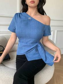 Celisse Elegant Tie Knot Shoulder Casual Slim Fit Blouse For Women - Blue - View 6