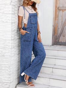 Breezaya 女士夏季休闲口袋系带露肩直筒牛仔连体裤 - 藍色 - 查看 5