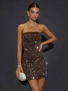 SHEIN BAE 秋冬季纯色卡其色性感简约抹胸式镶钻迷你连衣裙，适合派对、正式活动、晚宴、节日、万圣节、圣诞节等场合。 - 咖啡棕 - 查看 6