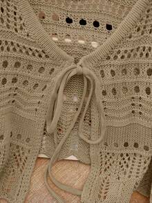 Franclia 新款纯色镂空钩编蕾丝轻薄开衫，百搭女士针织毛衣 - 摩卡棕 - 查看 6