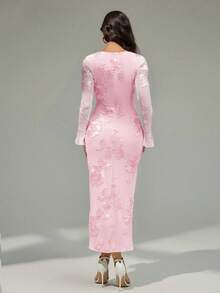 Modelyn 女士时尚优雅提花面料弹力中长连衣裙 - 淺粉色 - 查看 6