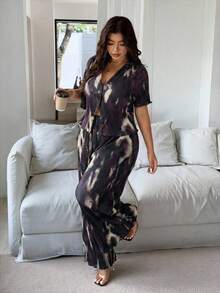 Vionelle 两件套加大码女式扎染短袖纽扣上衣和裤子套装 - 紫色 - 查看 6