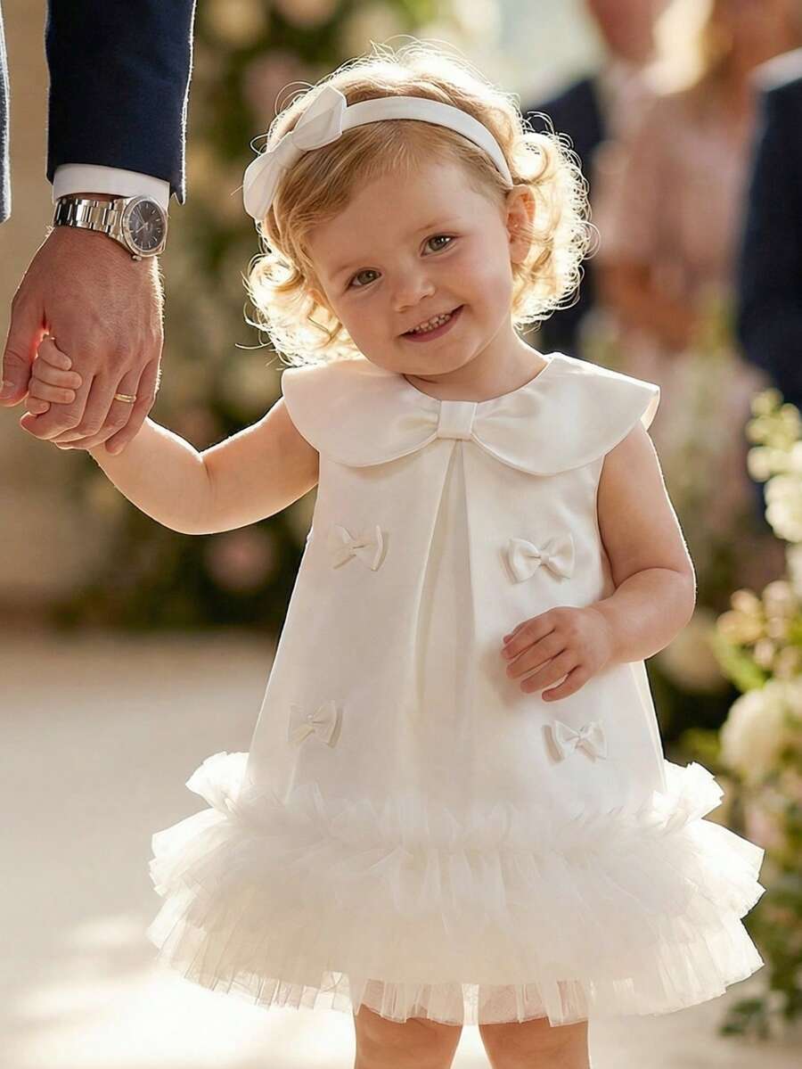 SHEIN Baby Girls' Cute Layered Ruffle Collar Sleeveless Mesh Dress With Bow Tie, Comfortable & Soft, Elegant For Spring/Summer Outings And Gifts, Suitable For 6 Months - 3 Years Old - White - View 1
