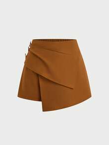 Sweetra Plus Size Women Brown French Style Casual Chic Comfortable Slimming Metal Buckle Decor Shorts, Elegant Metal Buckle Sexy Cute Side Slit A-Line Mini Skirt With Shorts To Prevent Exposure, Mini Skirt, Brown Shorts Skirt, Summer Skirt, Vacation Skirt, Back To School, Office Shorts, Home Shorts, Suitable For Spring/Summer, All Seasons - Khaki - View 9