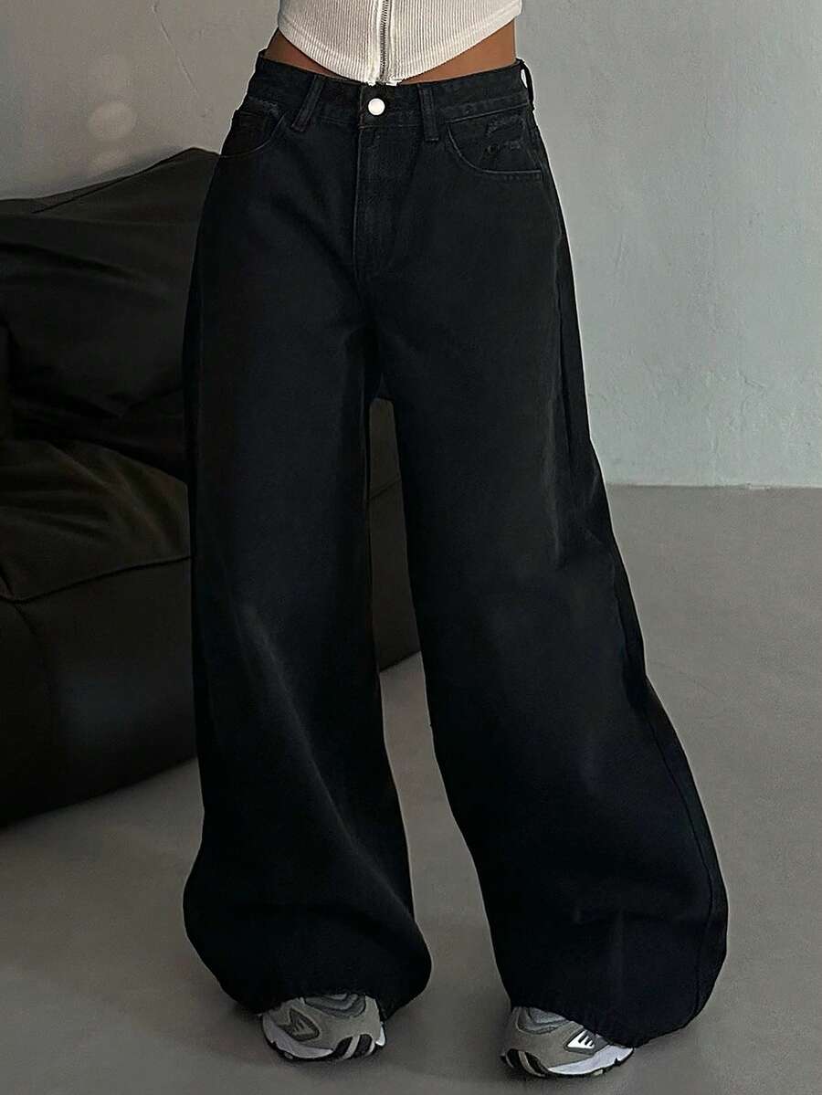 DAZY 女士宽松街头风韩版水洗休闲百搭牛仔裤 - 藍色 - 查看 1