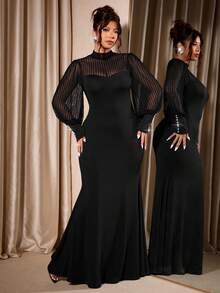 Cravure Christmas Plus Size Women's Elegant Party Knit Vertical Striped Semi-Sheer Sleeve Stand Collar Black Fitted Dress, Autumn - Black - View 4